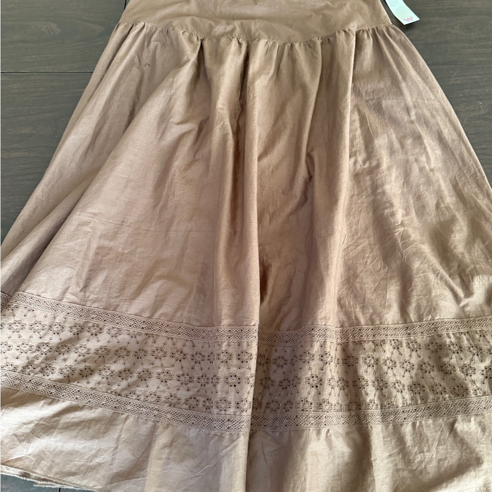 a.n.a Drop Waist, Eyelet-detailed Brown Cotton Midi "Peasant" Skirt
